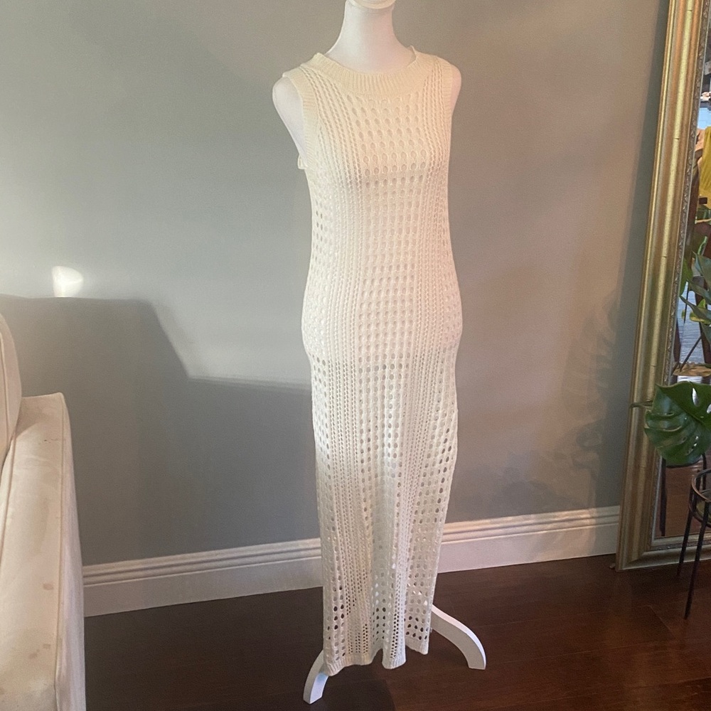 Sleeveless Knit Maxi Crocheted Beach Coverup/Dress in Cream. One Size